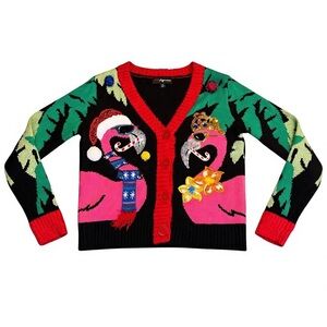 33 Degrees XS Tropical Flamingo Christmas Cardigan With Sequins Holiday Details